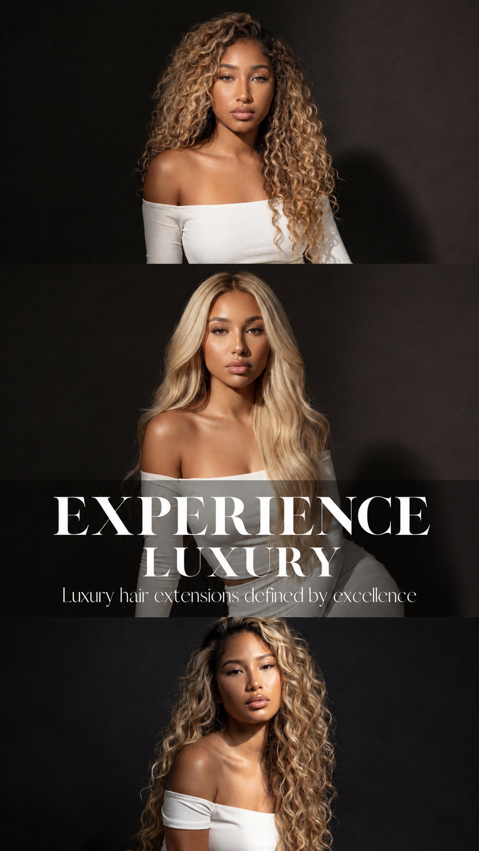 Three models wearing long curly hair extensions in blonde and brunette shades